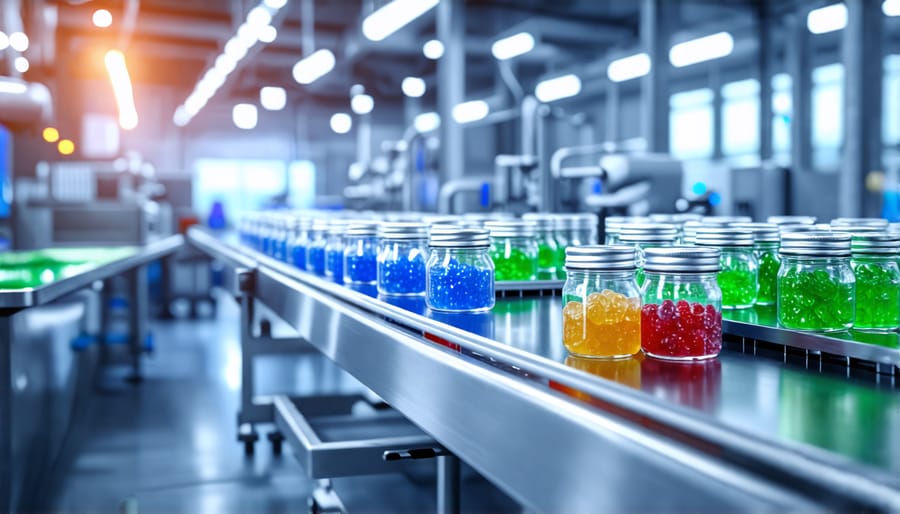 Automated machinery assembling THC gummies in a factory setting