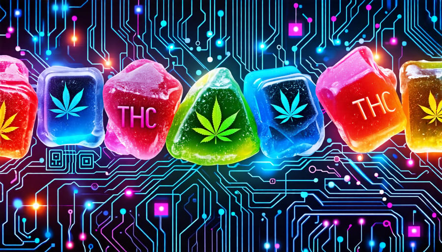 Conceptual illustration showing the intersection of technology and cannabis, with vibrant THC gummies intertwined with digital circuit designs, representing technological advancements in the Canadian market.