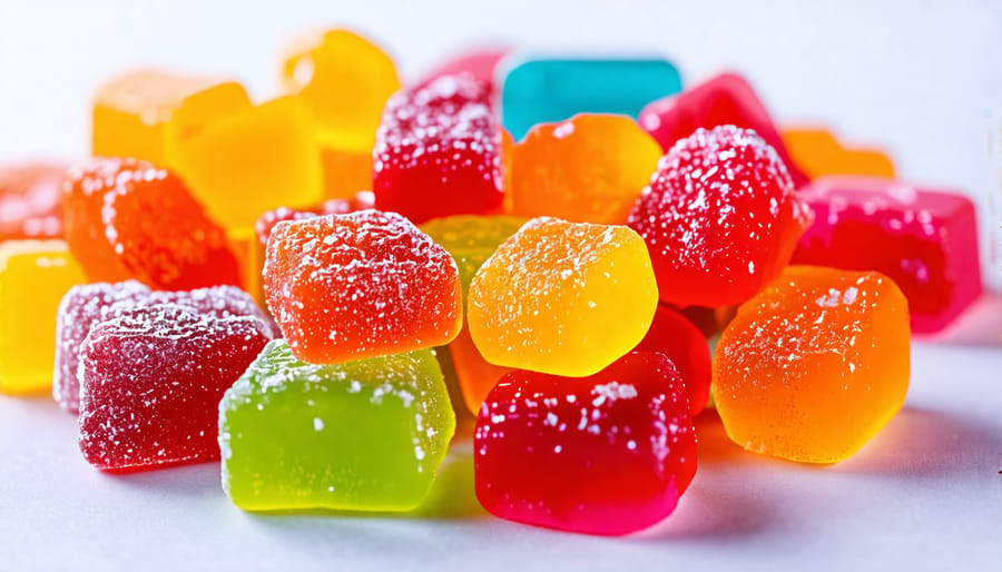 An assortment of THC gummies displayed in various shapes and colors