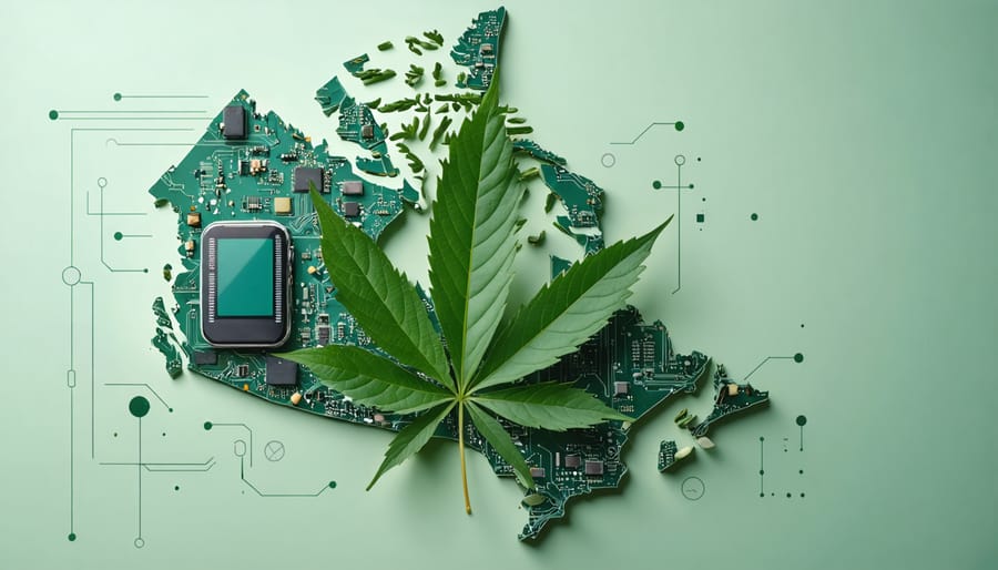 Kratom leaves intertwined with elements of digital technology representing the integration of natural remedies and modern health solutions against a backdrop of Canada's map.