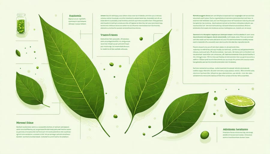 Kratom leaves surrounded by illustrations of scientific journals indicating research on its uses.