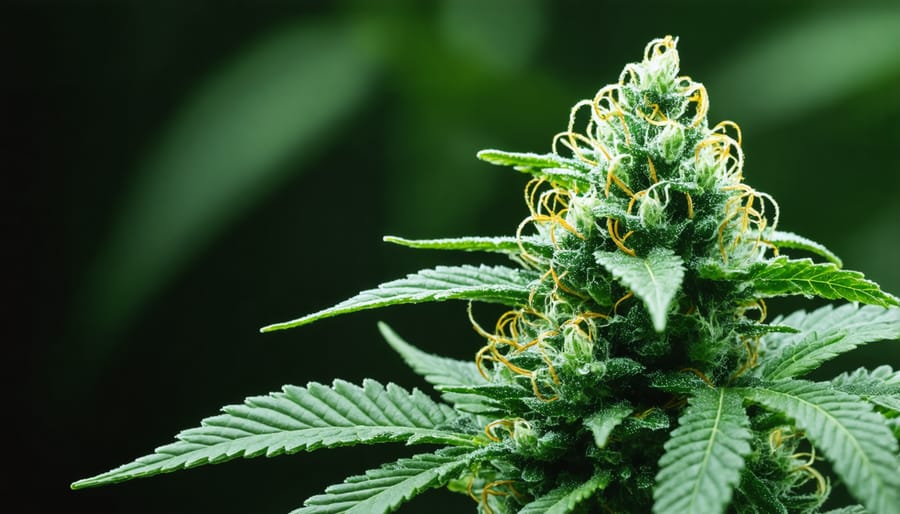 Extreme close-up of cannabis trichomes showing crystalline structures on flower bud