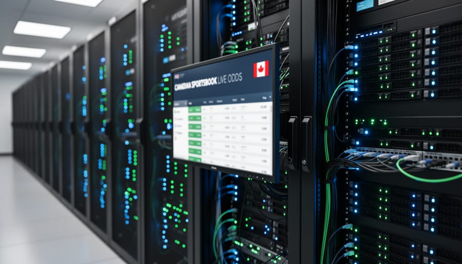 Modern data center server racks with illuminated indicators