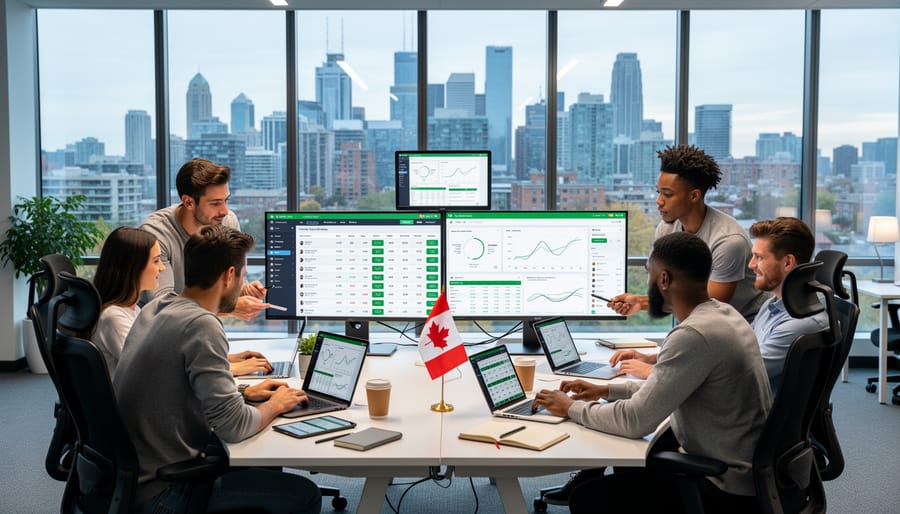 Technology team collaborating in modern Canadian office with city skyline view