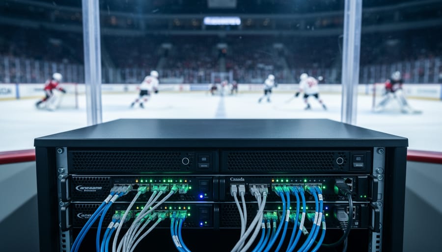 Rack-mounted servers with glowing network cables in a press box, with a blurred ice hockey rink in the background, representing Canadian real-time sportsbook technology.