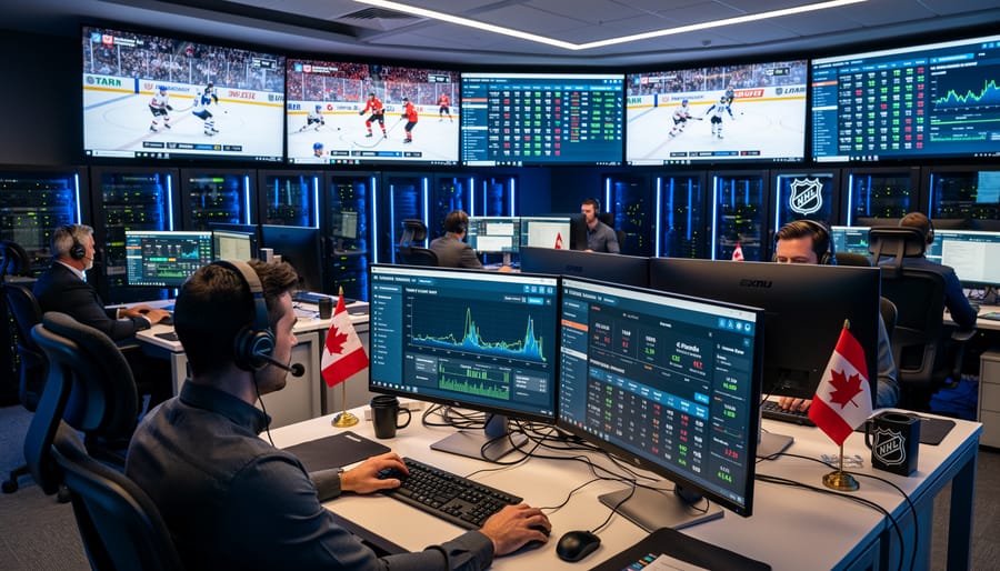 Hockey arena during game showing scoreboard and ice surface from elevated view
