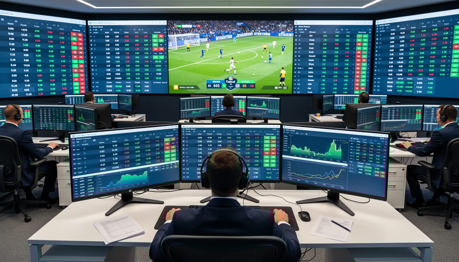 Hands typing on keyboard with smartphone showing live sports beside computer monitors