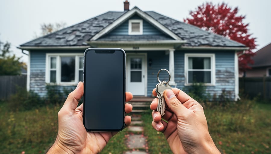 Hands holding a smartphone and house keys in front of an older detached Canadian home with peeling paint and an overgrown yard, photographed at eye level in soft overcast light.