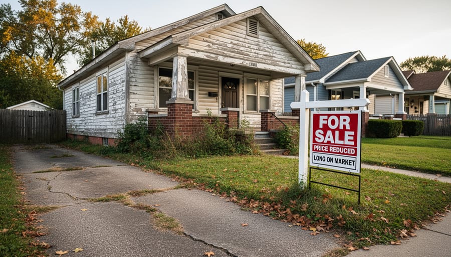 Distressed residential property with visible exterior damage and maintenance issues