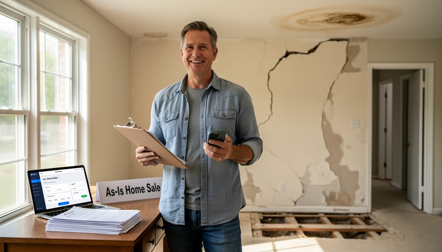 Homeowner couple reviewing paperwork at kitchen table with positive expressions