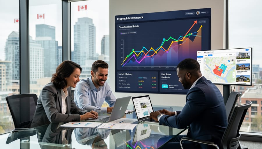 Business professionals collaborating in modern office setting reviewing property investment documents