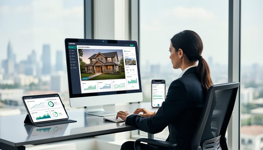 Person using digital platform on laptop and smartphone for property evaluation