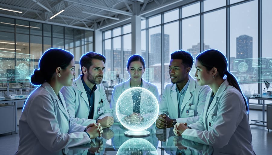 Diverse researchers in a modern Canadian campus interior collaborating around a glowing holographic sphere representing interdisciplinary technology innovation.