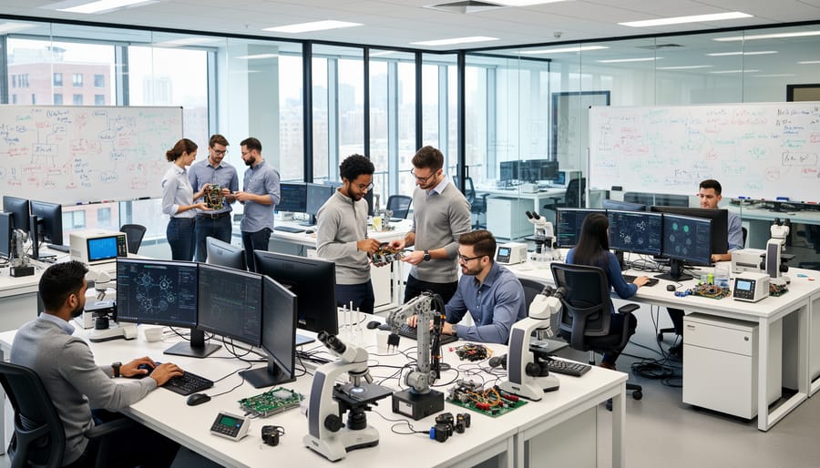 Researchers working in a modern university lab with microscopes and a tablet