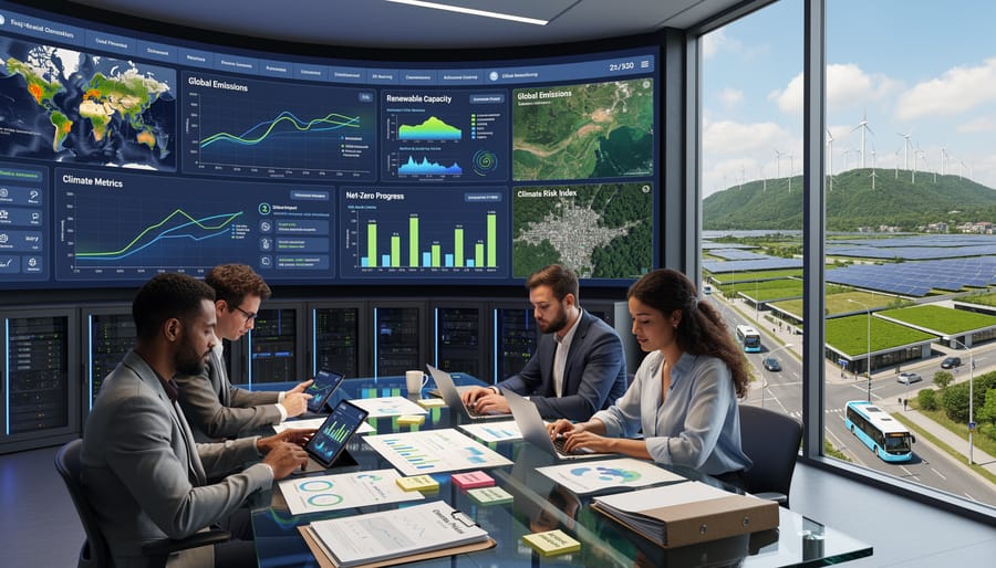 Engineers working beside climate monitoring instruments in a modern workspace