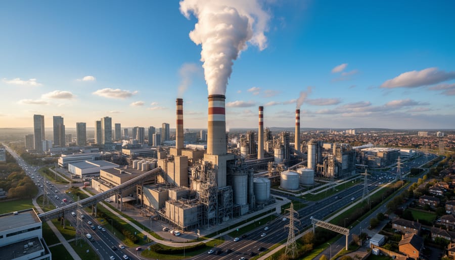 Industrial chimney stack releasing steam or smoke into an overcast sky
