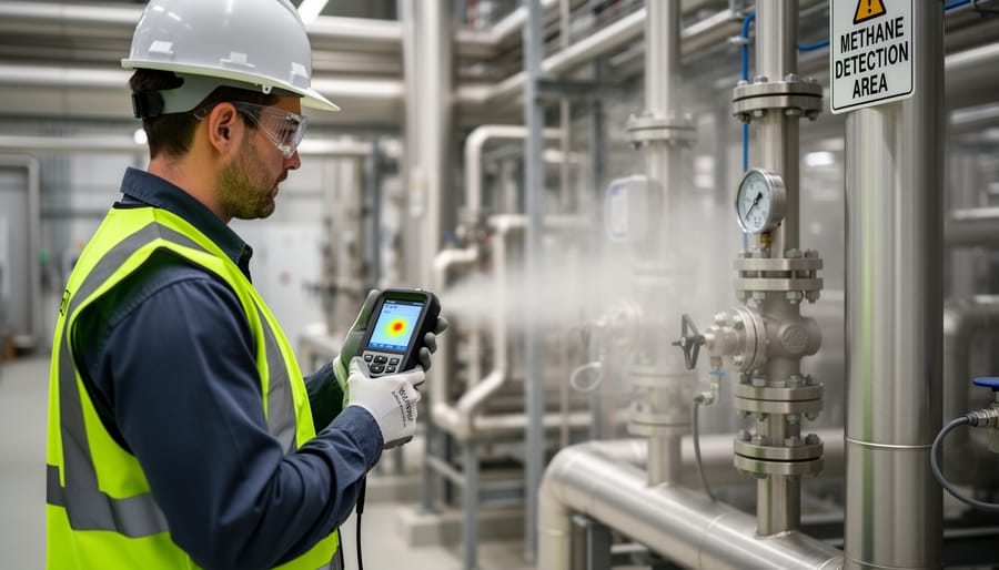 Technician in protective gear using a handheld gas detector near industrial piping