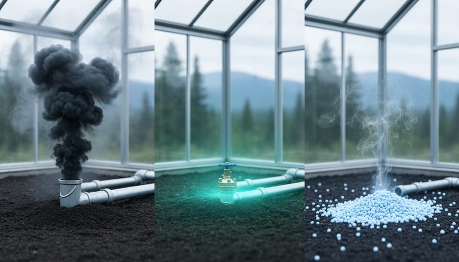 A modern greenhouse interior with atmospheric mist, subtle teal gas-like glow, and fertilizer granules in greenhouse soil, representing climate-relevant greenhouse gas sources.
