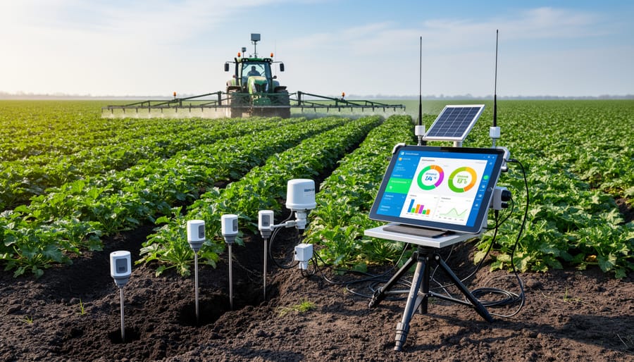 Tractor-mounted sensors in a farmland field with visible soil rows