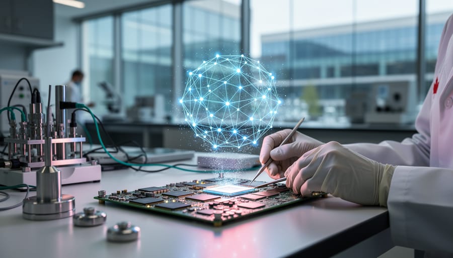 Modern university laboratory with microchip components and a glowing blue network of AI and quantum nodes hovering above the bench, with blurred campus research buildings in the background.