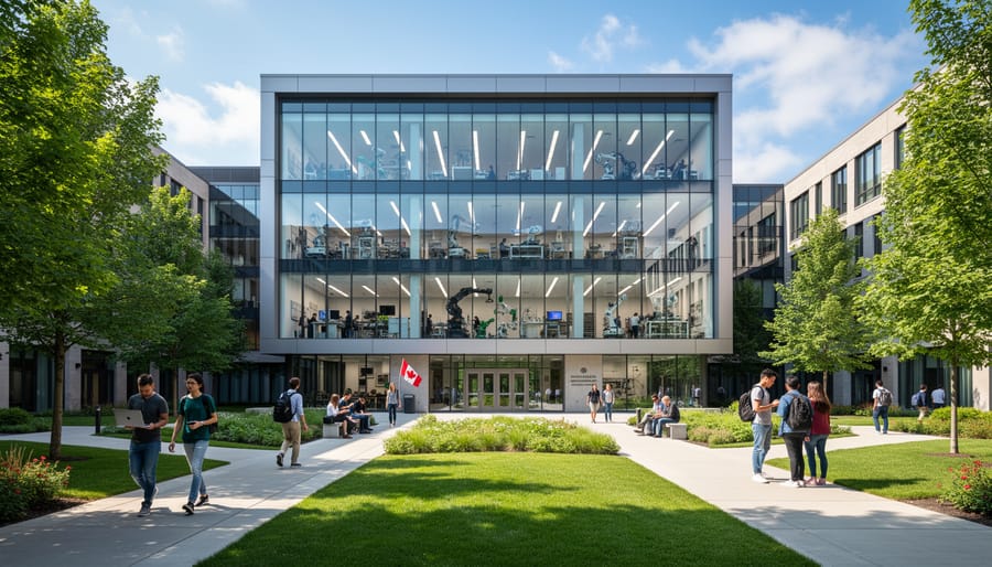 Exterior view of a Canadian university research building at dusk with warm interior lights.