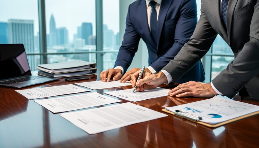 Close-up of hands signing acquisition paperwork on a table with a laptop nearby.