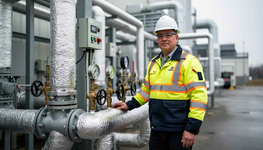 A power engineering professional in Ontario stands beside industrial boiler and pressure-control equipment in a mechanical room, symbolizing the need for skilled workforce to operate critical energy systems.