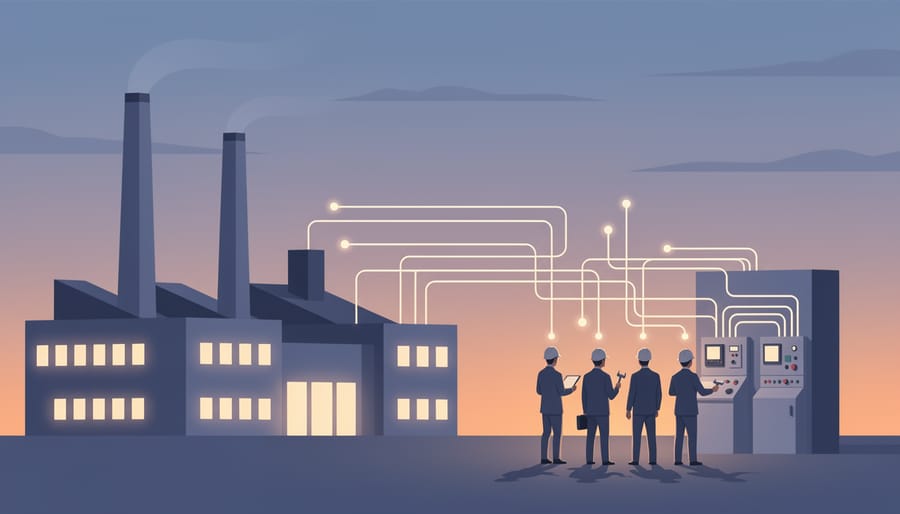 Manufacturing plant at dusk with smokestack smoke and cranes, viewed from ground level.