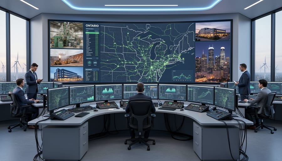 Industrial turbine and control-room equipment in a power facility, viewed from a low angle.