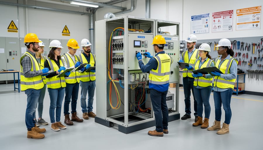 Group of young adults in hard hats and high-visibility vests attending training in an industrial workshop.