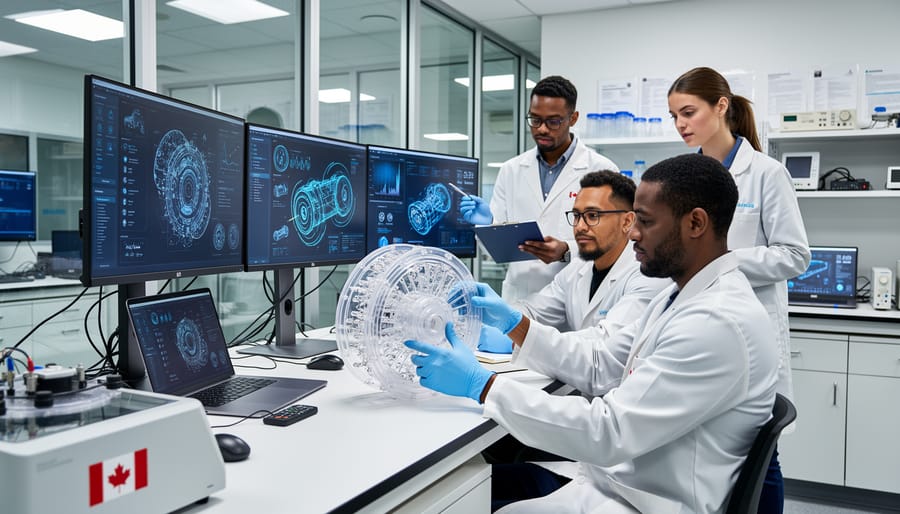 Researchers collaborating in a clean robotics laboratory with a robotic arm and server equipment in the background.