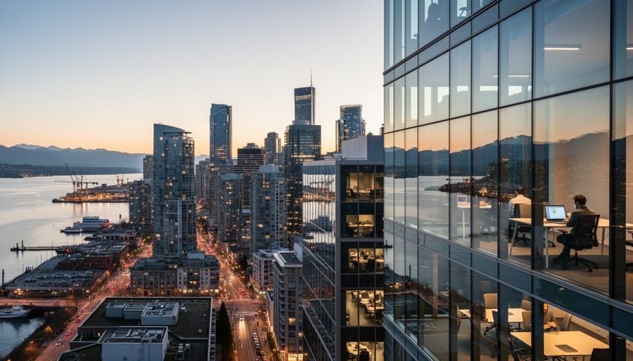 Founders looking out from a Vancouver office window at the skyline during blue hour.