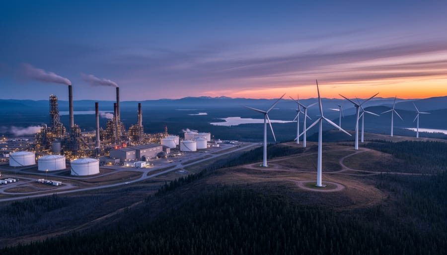 Dusk photograph of an industrial steel mill with storage tanks and distant wind turbines on the horizon