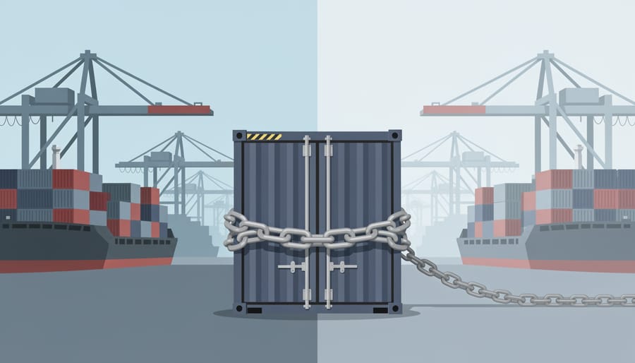 Weathered shipping container with a heavy chain wrapped around it at a port during golden hour