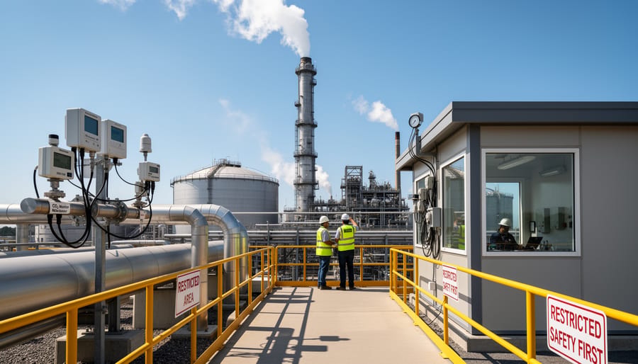 Engineer in safety gear standing near pipelines at a gas generation facility