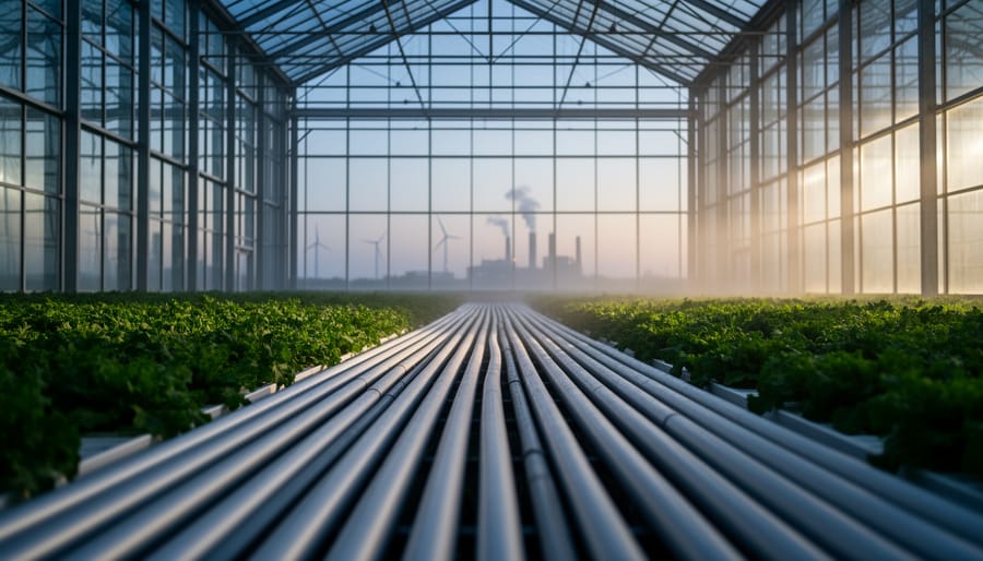 Eye-level view of a modern greenhouse with industrial equipment in the foreground and faint wind turbines and factory smokestacks visible through the glass in the background.