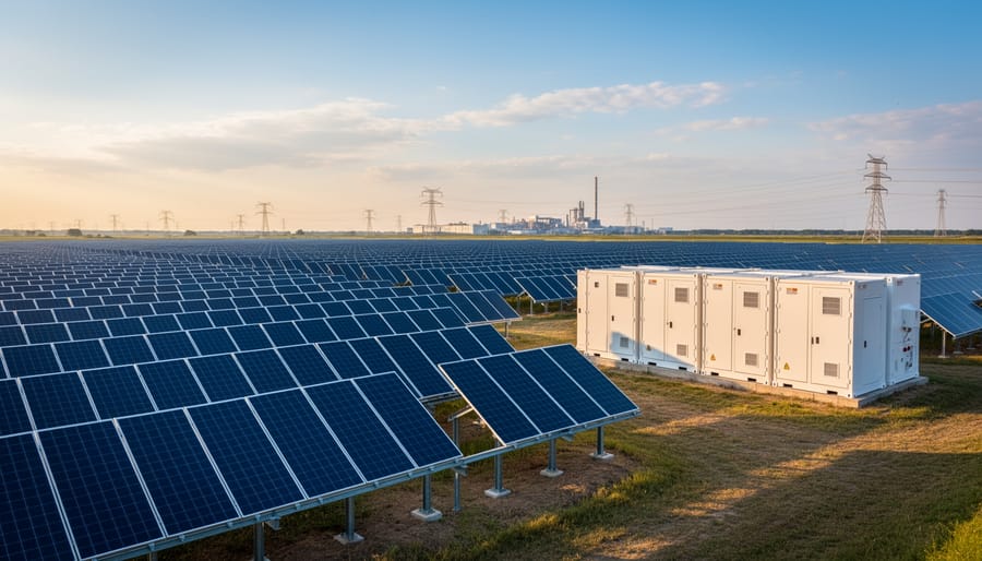 Solar panels and a battery storage unit with a laptop placed nearby on a workbench