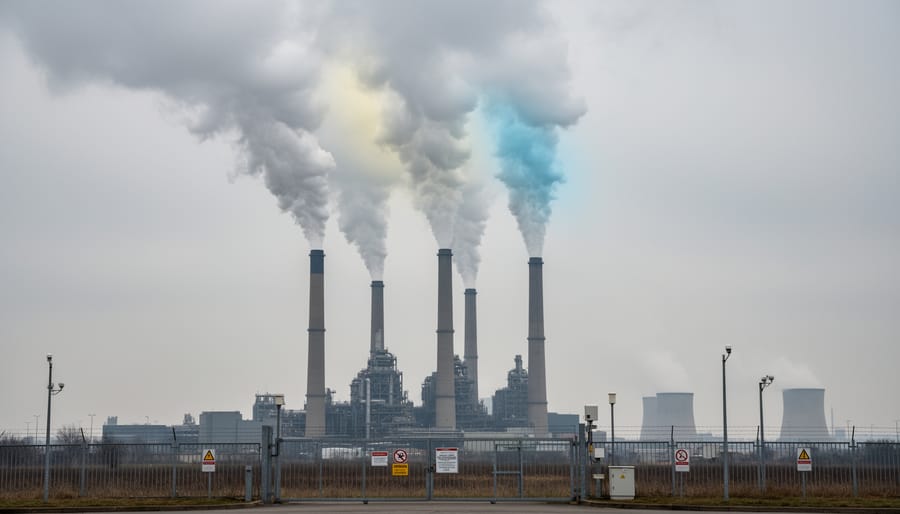 Smokestack at an industrial facility releasing faint gray emissions under an overcast sky