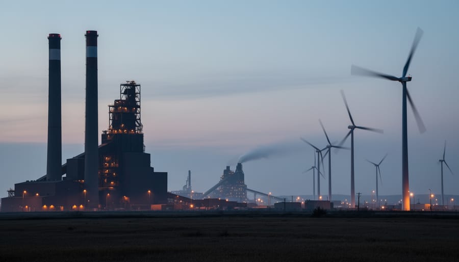 Canadian industrial smokestacks at dusk with a distant wind farm and atmospheric haze symbolizing emissions reduction efforts.